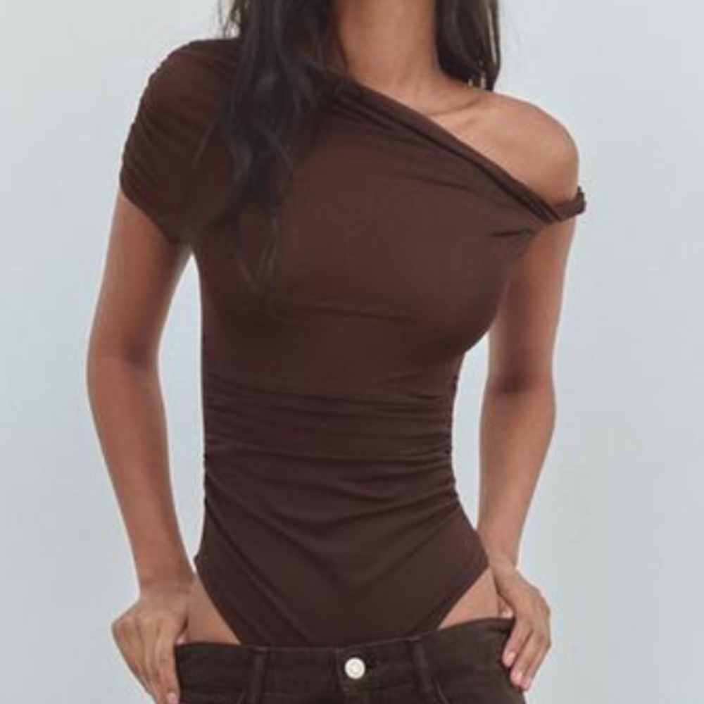 NWT ZARA BROWN SHEER KNOTTED ASYMMETRICAL BODYSUIT SZ M